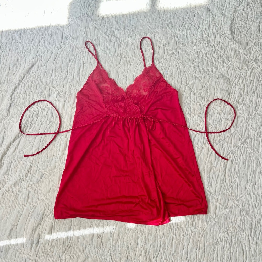 Vintage Gilda Red Lace Trim Babydoll Nightgown Chemise 8996 Small 70s Coquette